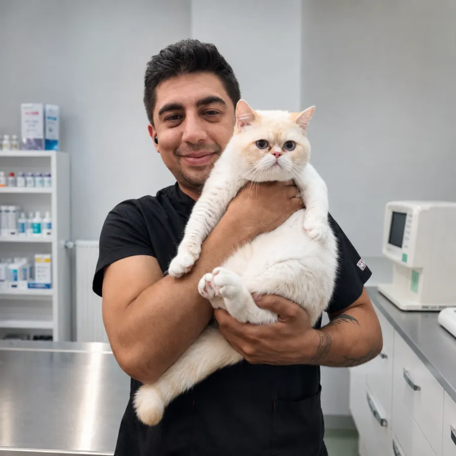 Dogtor Veteriner Kliniği'nde veteriner hekim bir kediyi kucağında tutuyor