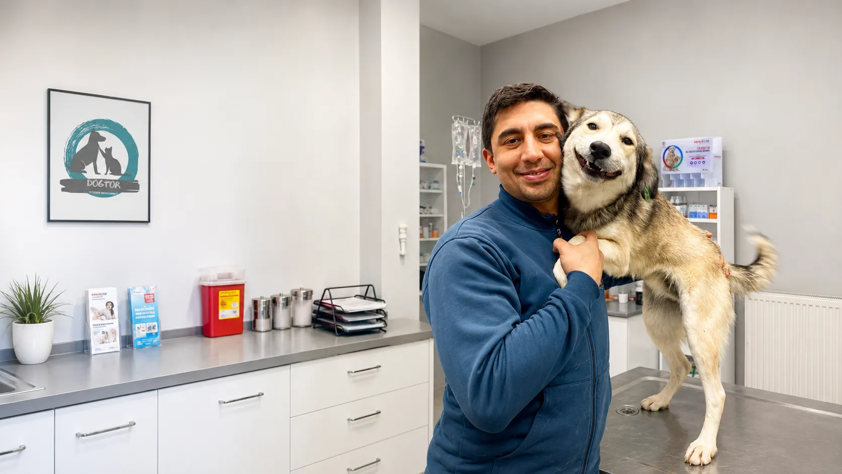 Dogtor Veteriner Kliniği muayene odasında veteriner hekim ve bir köpek